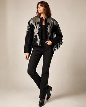 Vintage 80s Black Suede Fringe Jacket Leather Appliqué Western Biker Coat S/M